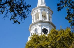 Image of a church clock tower in Charleston, SC