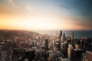 Image of the city of Chicago in Illinois at sunset