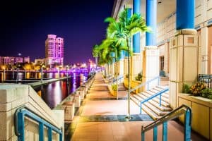 Image of the riverwalk at night in Tampa, FL